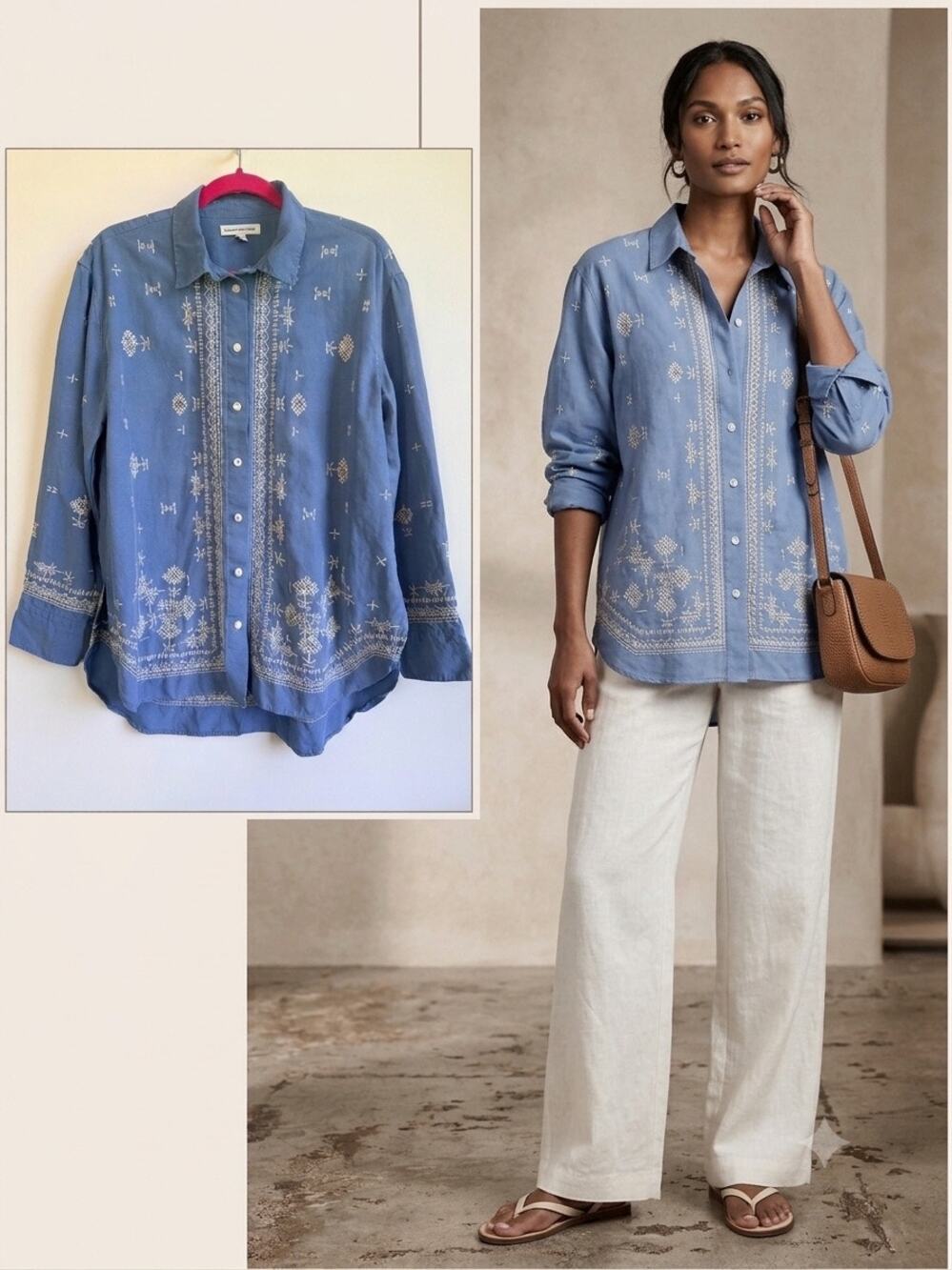 Banana Republic Bohemian Blue Embroidered Tencel Linen Folk Shirt Size M Medium
